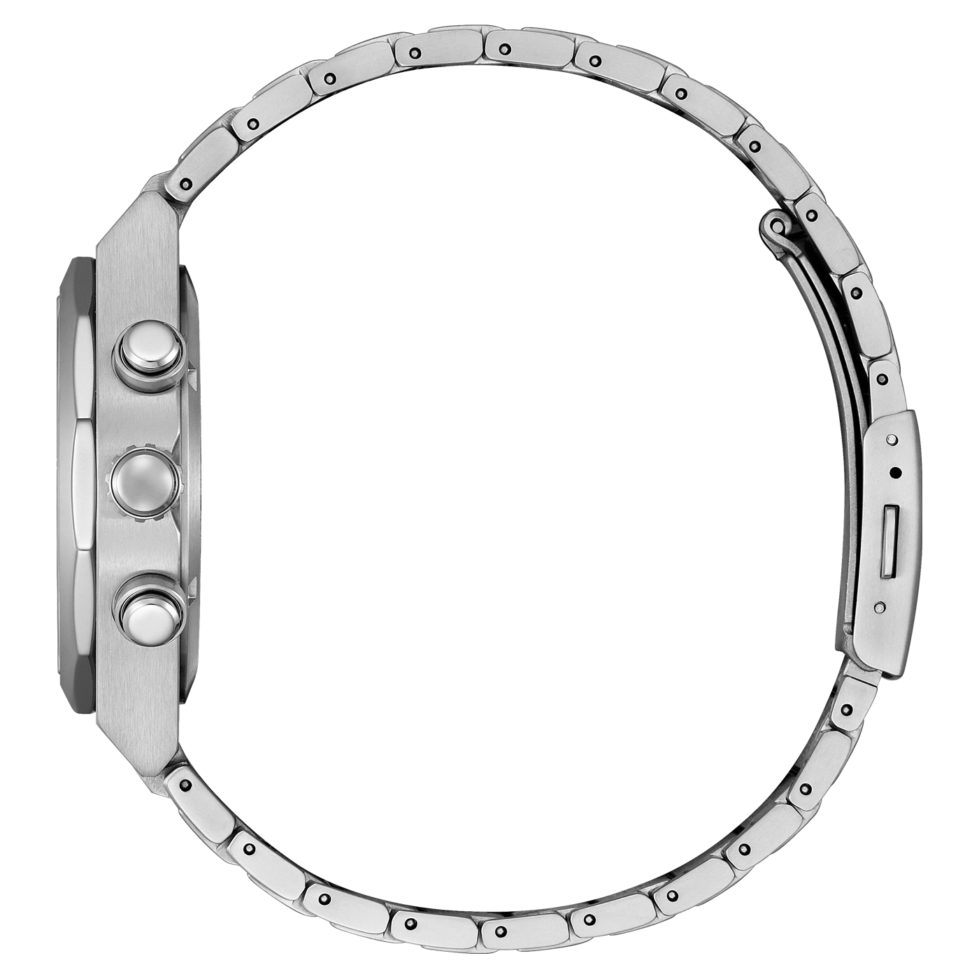 Silberne Uhr mit Metallarmband, Seitenansicht, Knöpfe sichtbar, elegantes Design