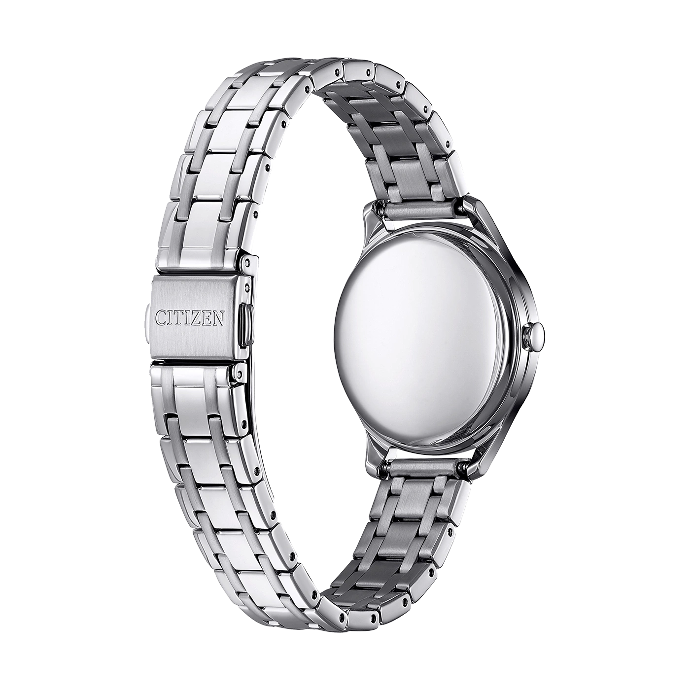Citizen-Uhr, silber, Rückansicht, Metallarmband, elegantes Design, Nahaufnahme