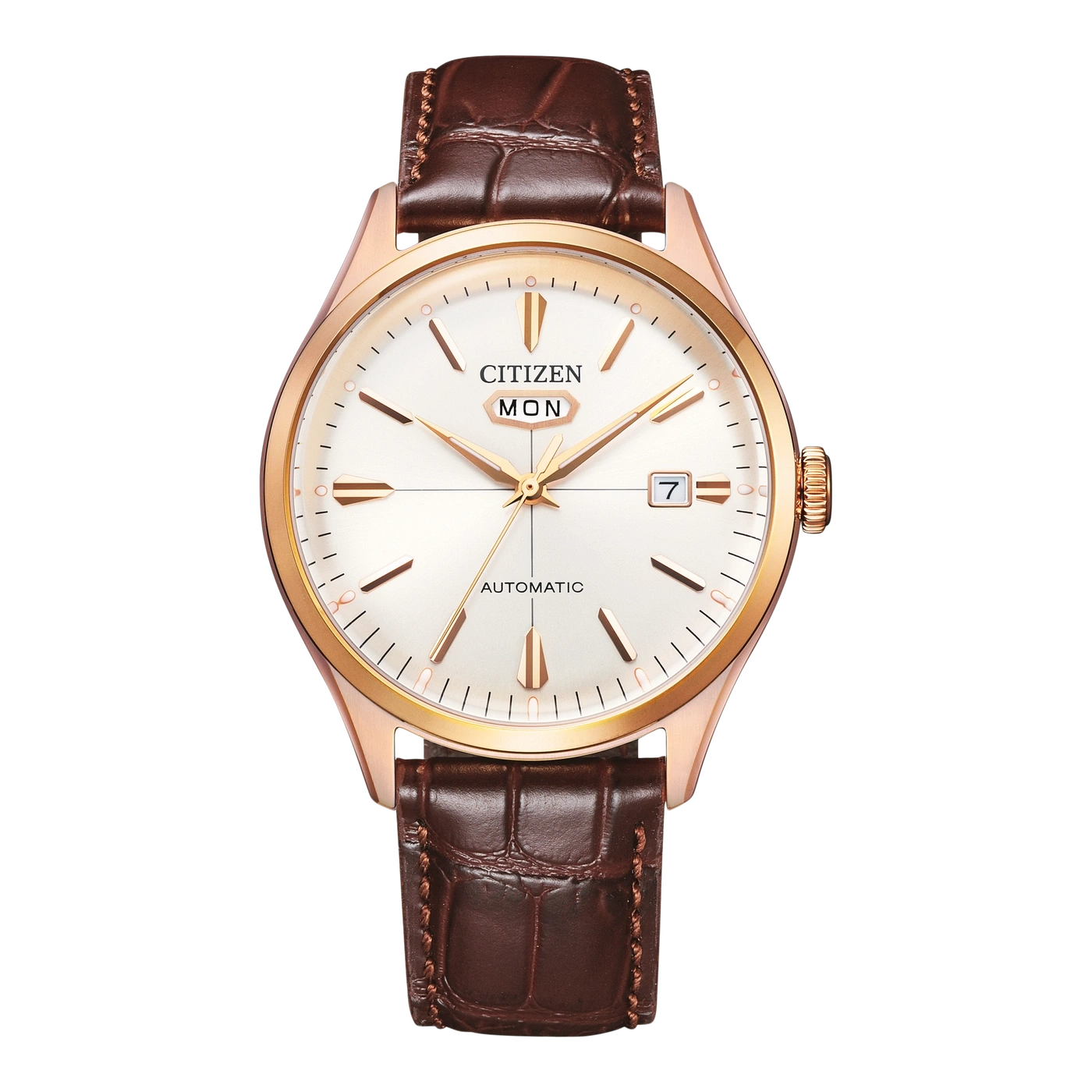 Citizen-Uhr mit braunem Lederarmband und goldenem Gehäuse, weißem Zifferblatt.