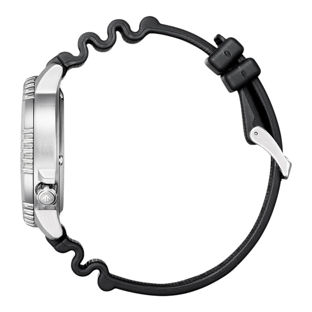 Seitenansicht einer silbernen Uhr mit schwarzem Kautschukarmband.