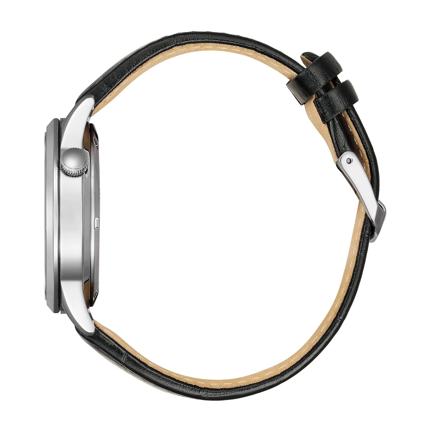 Seitenansicht einer silbernen Uhr mit schwarzem Lederarmband.
