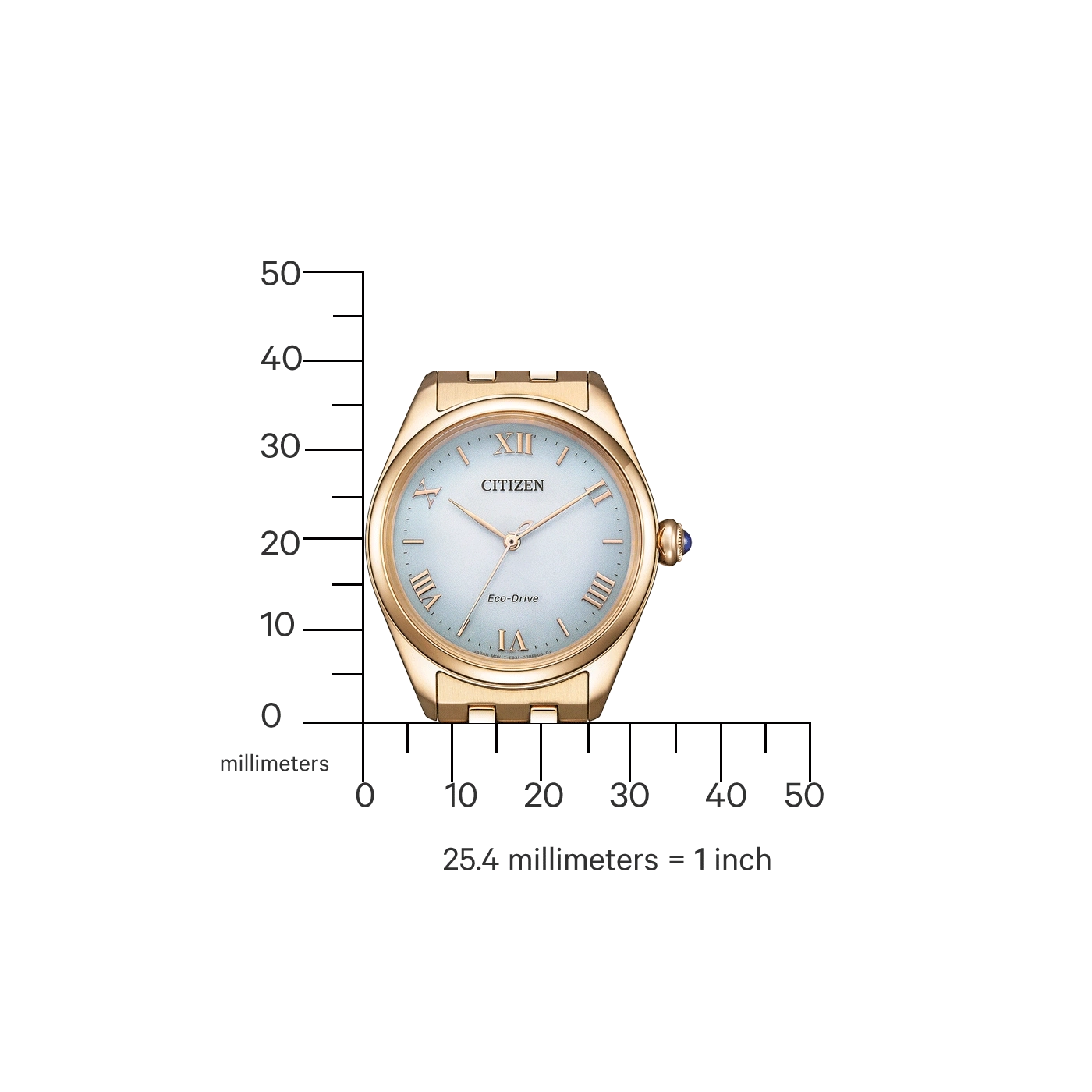 Citizen-Uhr mit goldenem Armband, hellblauem Zifferblatt und römischen Ziffern, mit Millimeterskala.