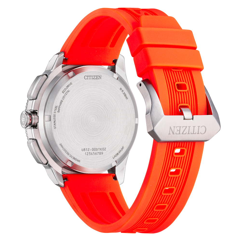 Rückansicht einer Citizen Eco-Drive Uhr mit orangefarbenem Armband und silbernem Gehäuse.