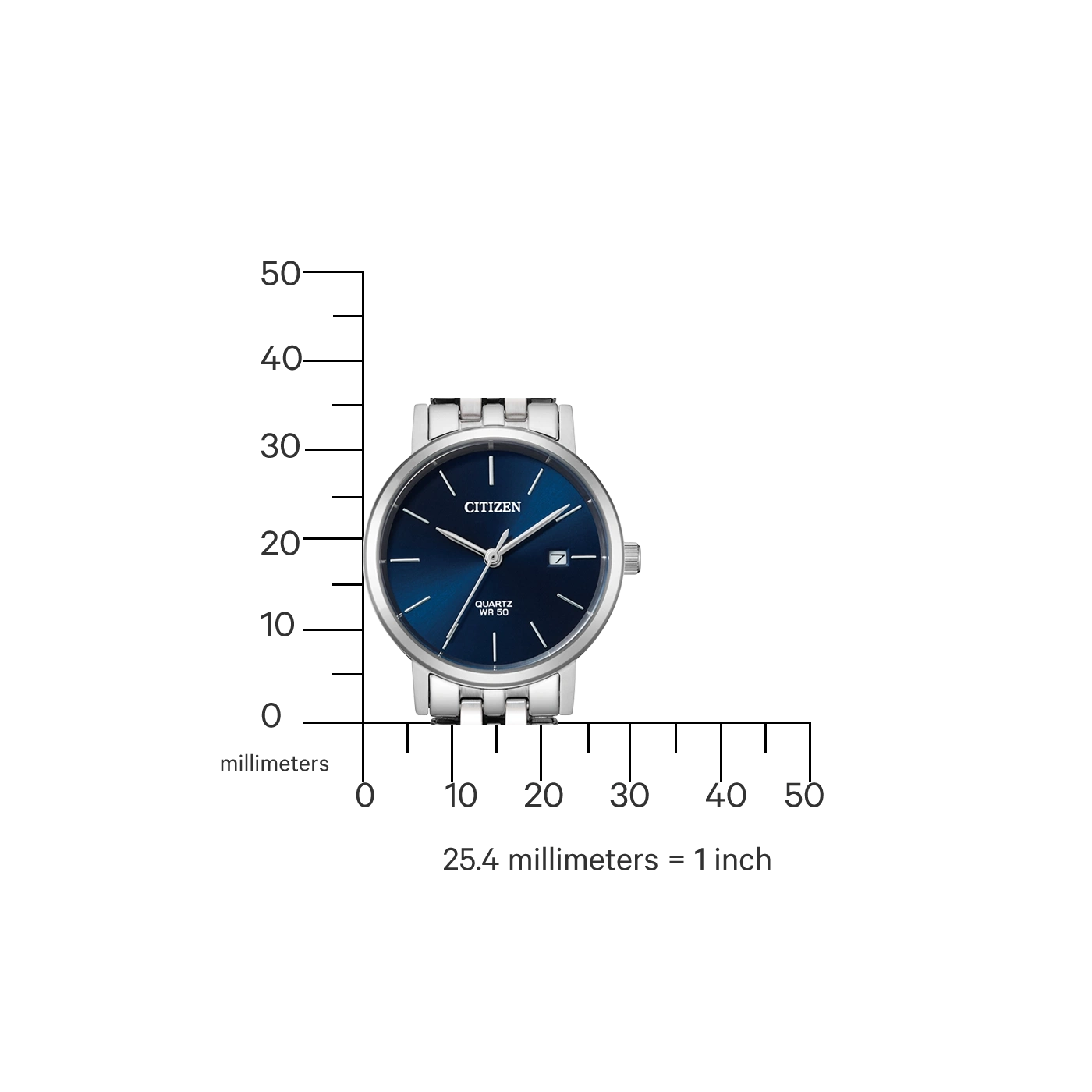 Citizen-Uhr mit blauem Zifferblatt und silbernem Armband, Maßstab in Millimetern.