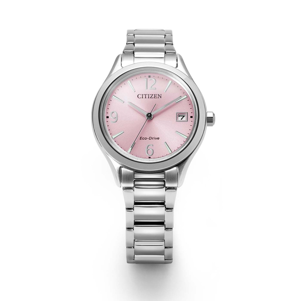 Eine silberne Citizen Eco-Drive Uhr mit pinkem Zifferblatt und silbernem Armband.