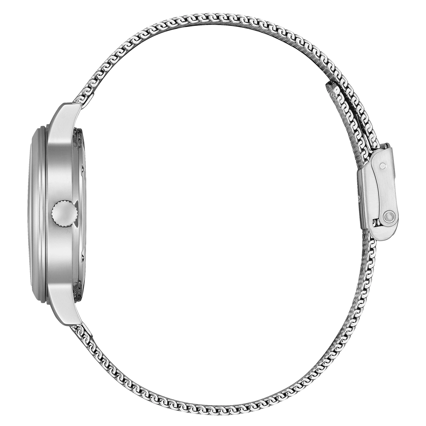 Silberne Uhr mit Mesh-Armband, Seitenansicht, elegantes Design, moderner Stil