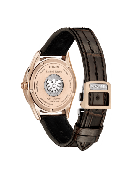 Citizen-Uhrrückseite, Roségold, Lederarmband, limitierte Auflage, Eco-Drive, made in Japan