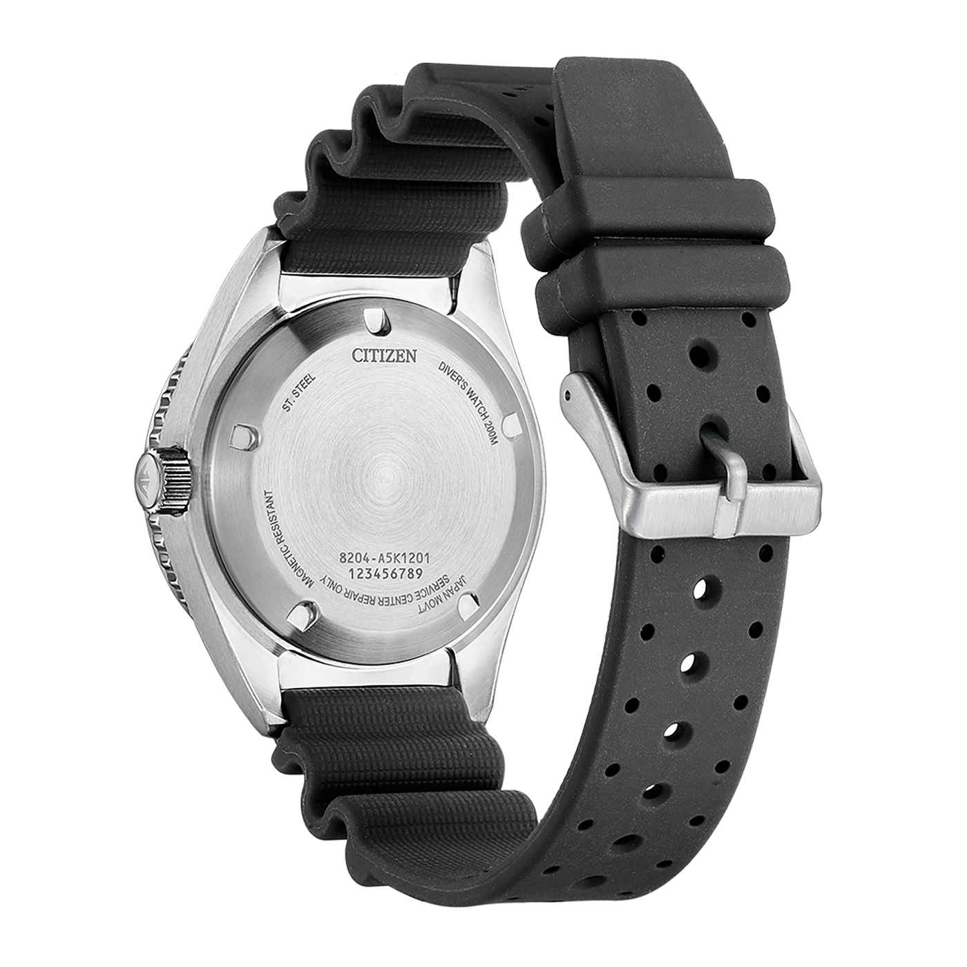 Citizen-Uhrrückseite, schwarzes Armband, Edelstahl, Taucheruhr, magnetisch beständig