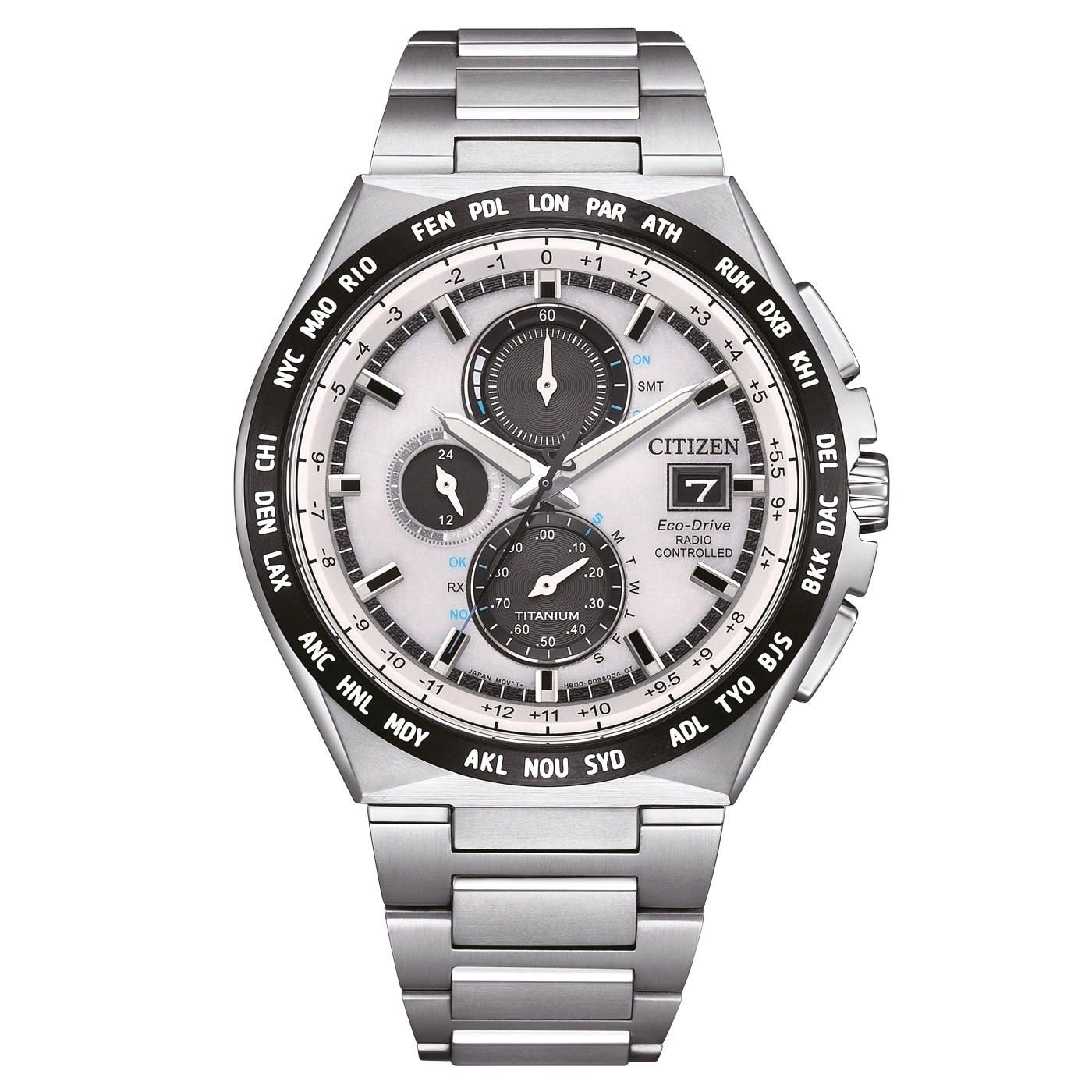 Citizen-Uhr mit silbernem Armband, schwarzer Lünette und mehreren Zifferblättern für Zeitzonen.