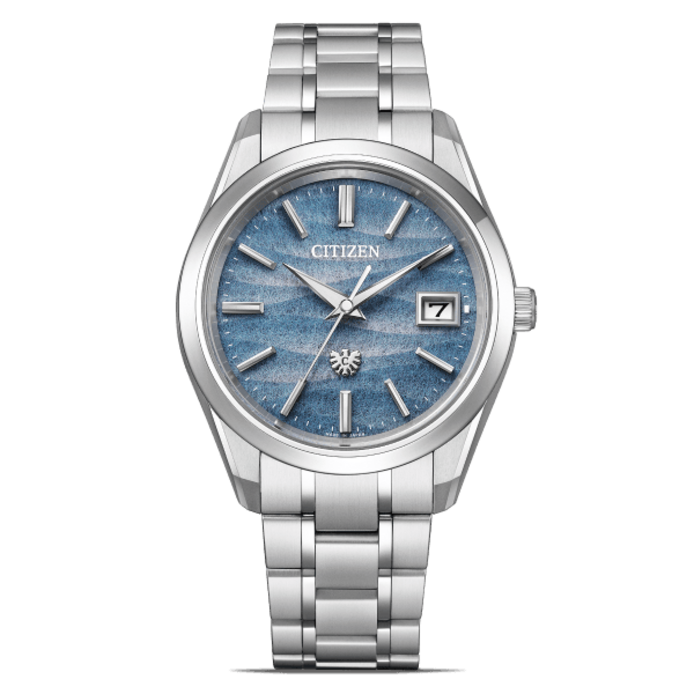 Citizen-Uhr mit blauem Zifferblatt und silbernem Armband, elegantes Design