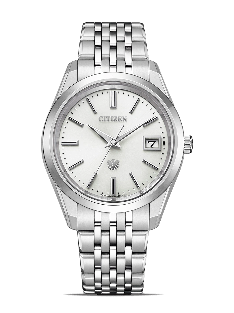 Citizen-Uhr mit silbernem Armband und weißem Zifferblatt, Datumsanzeige.