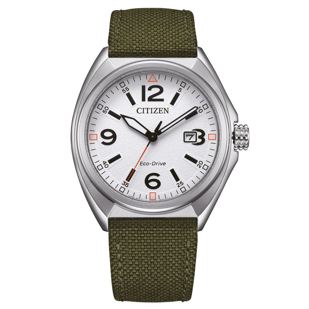 Citizen-Uhr mit weißem Zifferblatt, schwarzen Zahlen und grünem Armband.