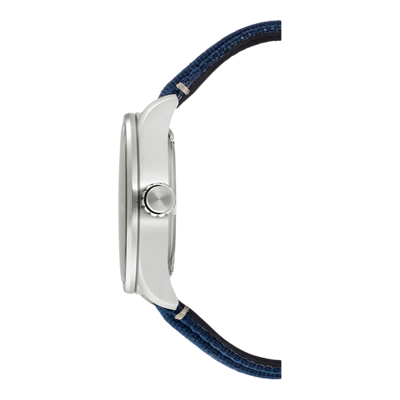 Seitenansicht einer silbernen Uhr mit blauem Stoffarmband.