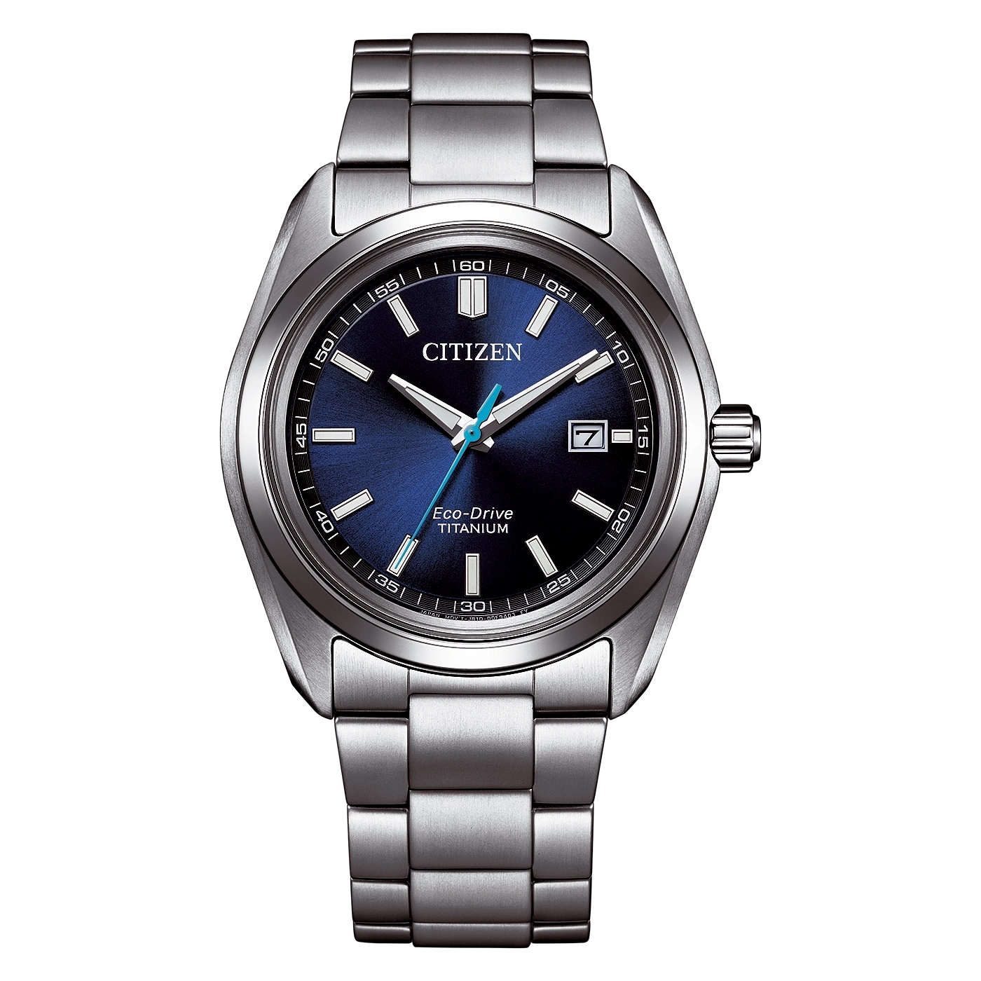 Eine silberne Citizen Eco-Drive Titanuhr mit blauem Zifferblatt.