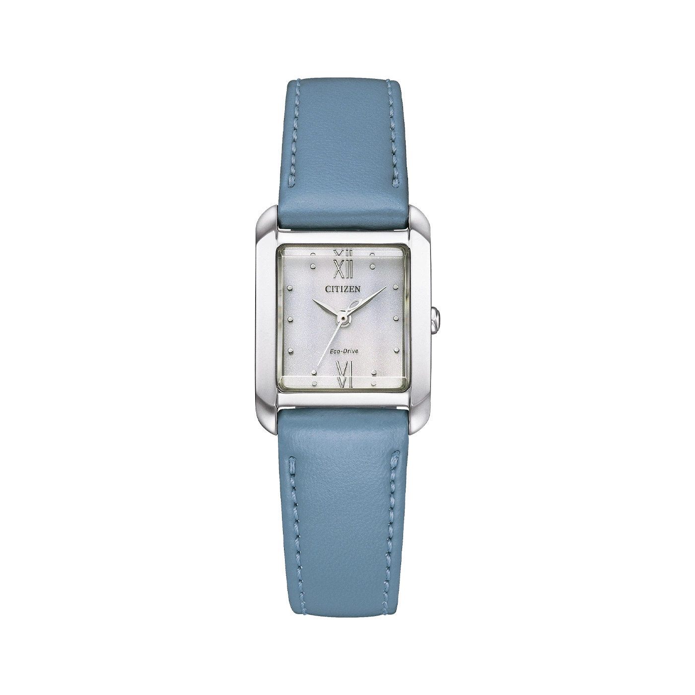 Citizen-Uhr mit hellblauem Lederarmband und silbernem Zifferblatt