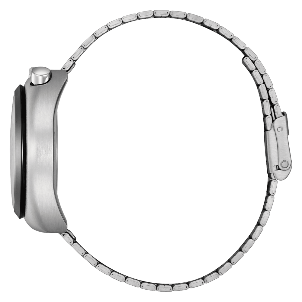 Silbernes Uhrenarmband, Seitenansicht, Edelstahlmaterial.