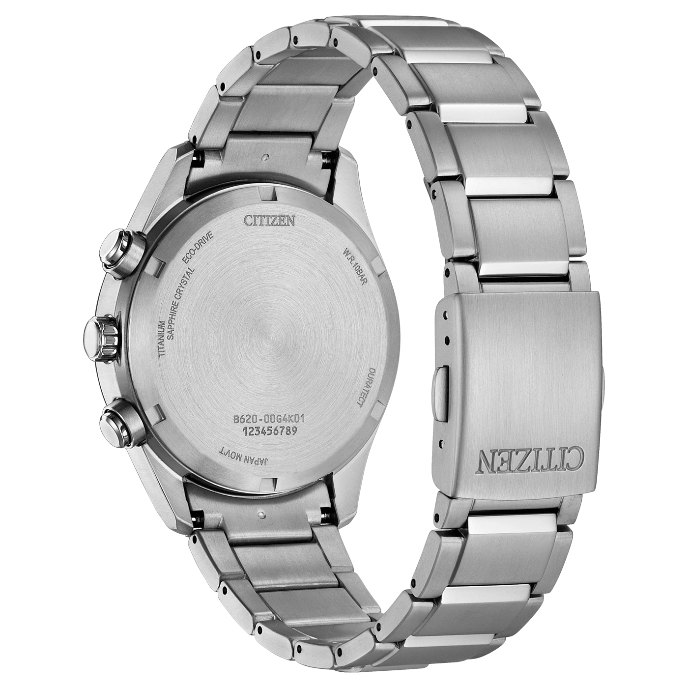 Rückseite einer silbernen Citizen Eco-Drive Uhr mit Text.