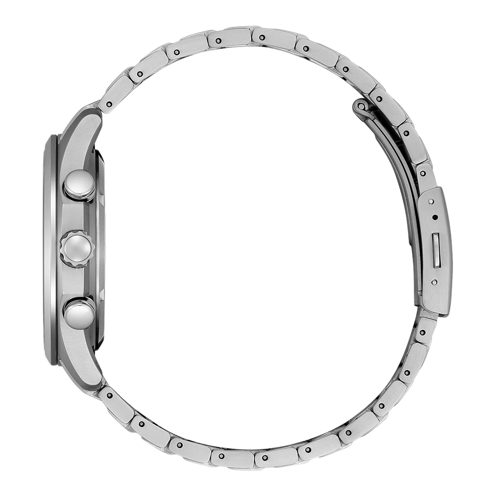 Silberne Uhr mit Metallarmband, Seitenansicht, isoliert auf weißem Hintergrund.