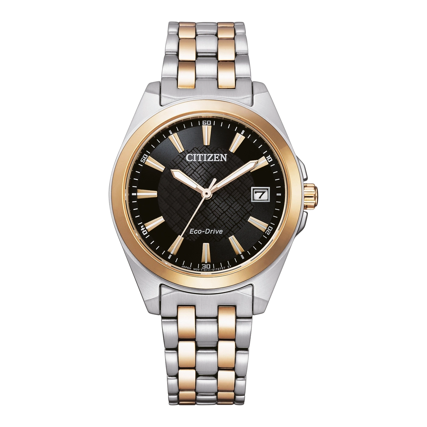 Citizen-Uhr mit schwarzem Zifferblatt, goldenen Akzenten und einem silber-goldenen Armband.